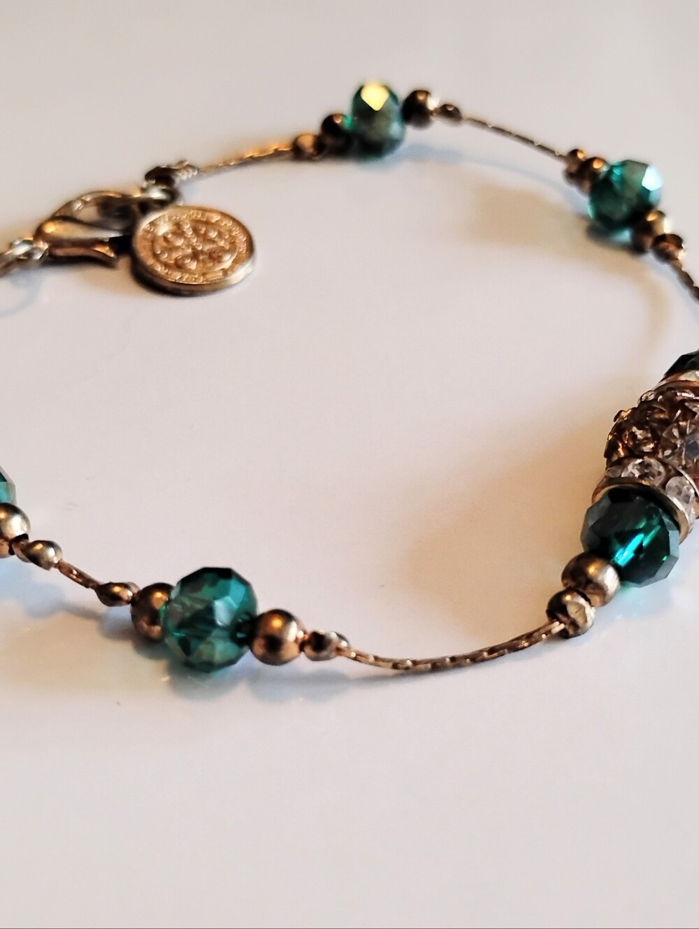 ▪️Dainty Teal Crystal Saint Benedict Medal Bracelet Catholic Jewelry Feminine